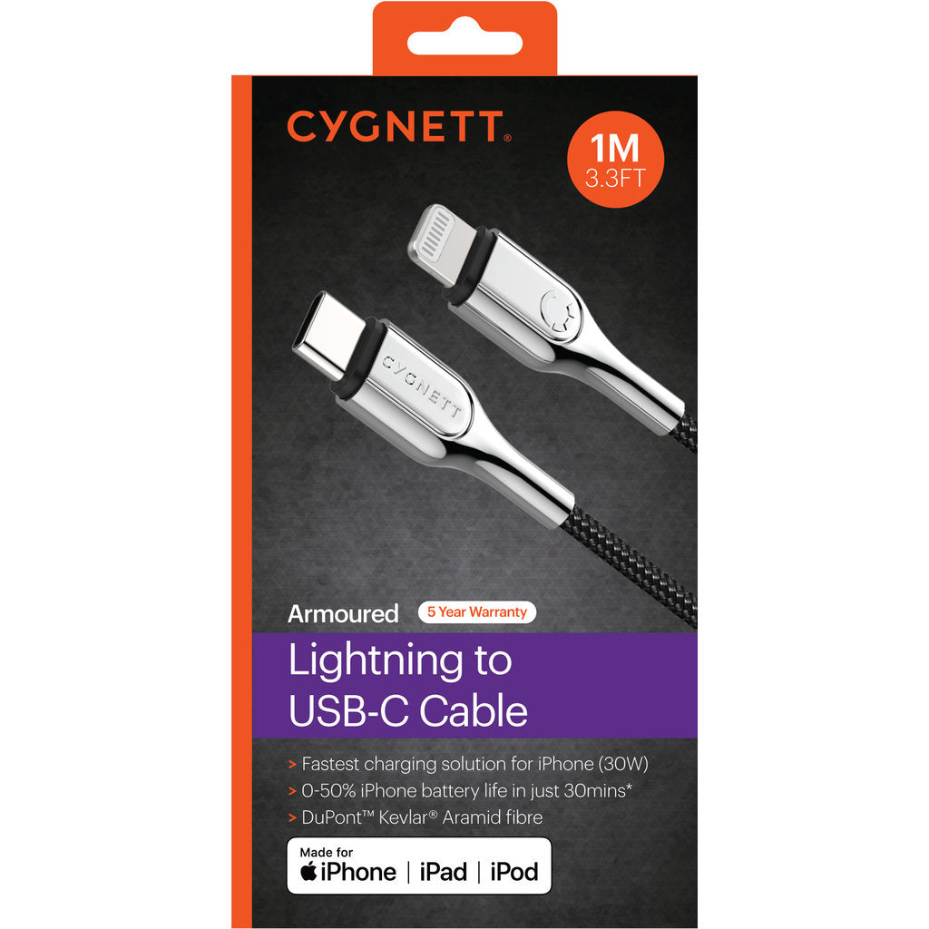 Cygnett Armoured Braided Lightning to USB-C Cable 1m Black