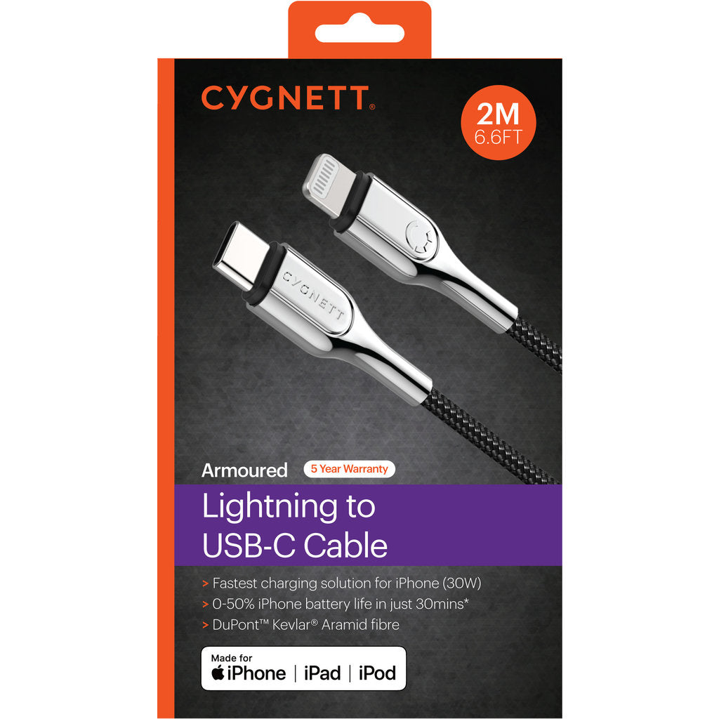Cygnett Armoured Braided Lightning to USB-C Cable 2m Black