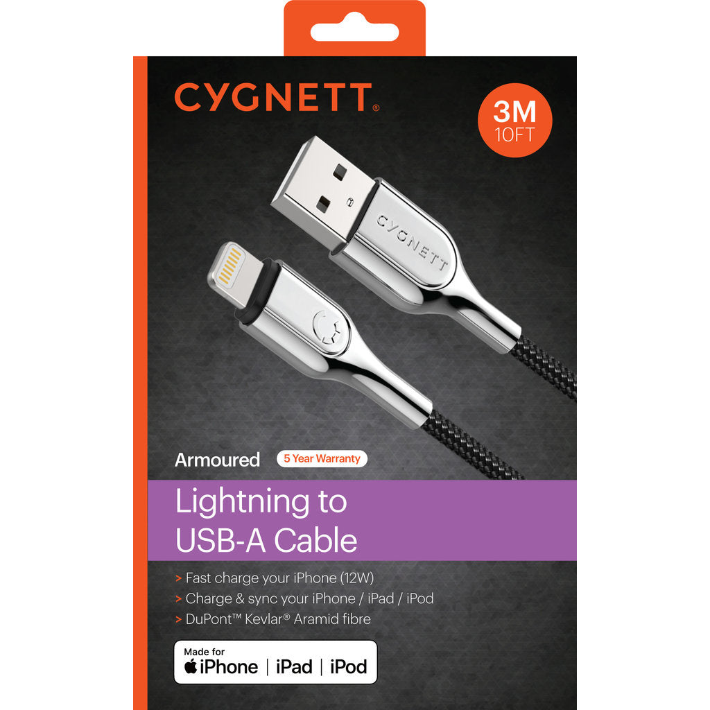 Cygnett Armoured Braided Lightning to USB Cable 3m Black