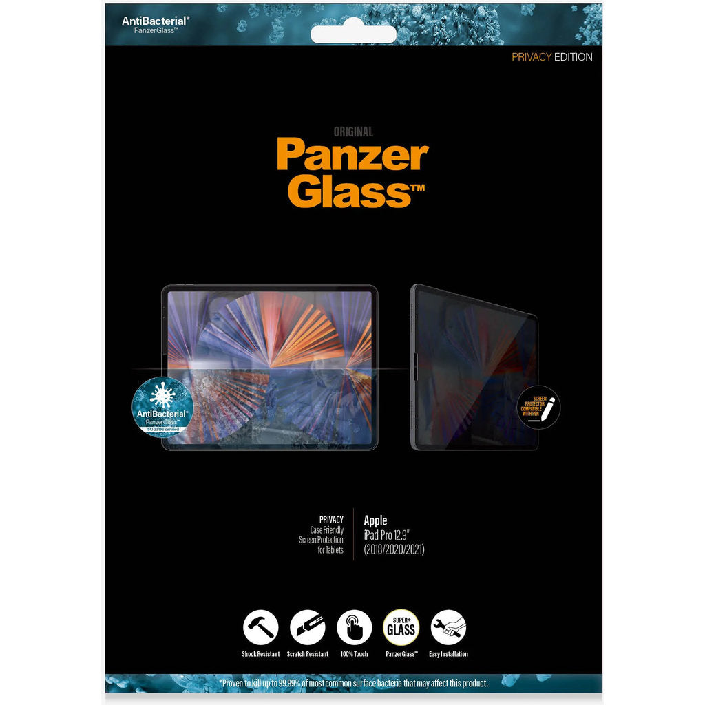 PanzerGlass Apple iPad Pro 12.9 (2018-2020-2021) PRIVACY Case Friendly - Anti-Bacterial - SUPER+ Glass