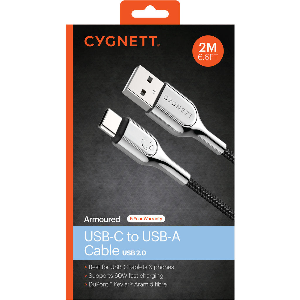 Cygnett Armoured Braided USB-C to USB Cable 2m Black